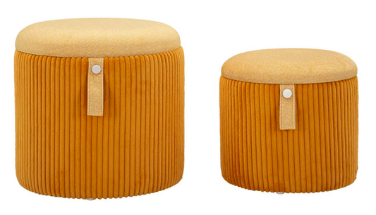 Set 2 pouf contenitore Bolzano senape Ø38x38-32x28 con rivestimento in velluto a coste e manico decorativo. Design moderno e funzionale.