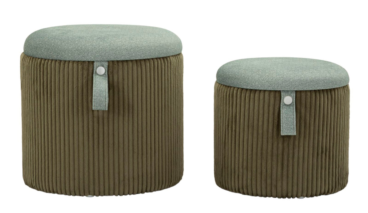 Set 2 pouf contenitore verde Bolzano Ø 38x38-32x28 con rivestimento in velluto a coste e coperchio in tessuto, ideali per soggiorno moderno.