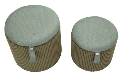 Pouf contenitore verde in set da 2 pezzi visti dall’alto, con coperchio removibile e design elegante per arredamento funzionale.
