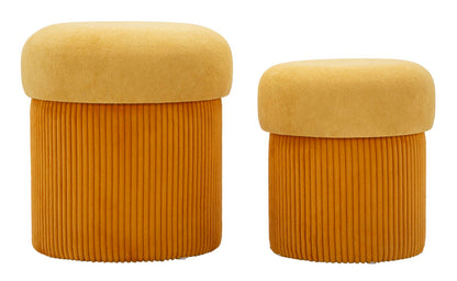 Set 2 pouf contenitore Aspen senape Ø42x44 e Ø35x37 con seduta imbottita e base in velluto a coste, design salvaspazio elegante