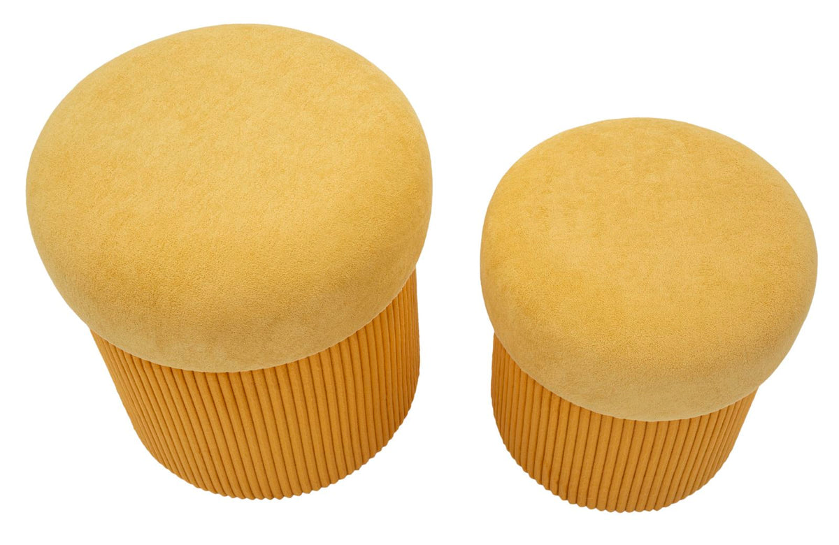 Vista dall’alto dei pouf contenitore Aspen senape, set 2 pezzi con seduta morbida e struttura cilindrica in velluto rigato