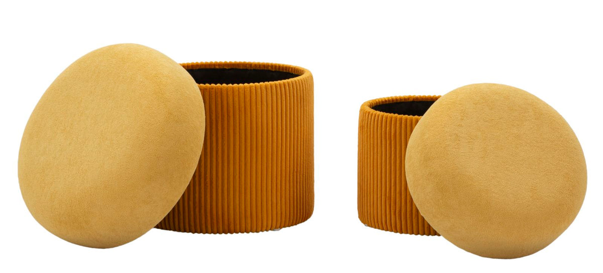 Pouf contenitore Aspen senape con coperchio rimosso, set 2 pezzi ideale per arredare e contenere oggetti con eleganza