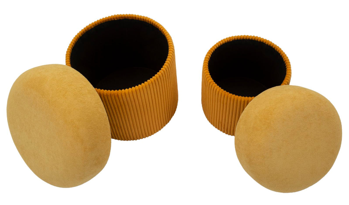 Pouf Aspen senape aperti con vano contenitore interno nero, set 2 pezzi pratico per organizzare lo spazio con stile