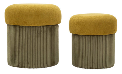 Set 2 pouf contenitore Aspen verde in velluto, Ø42x44 e Ø35x37 cm, con seduta imbottita e base rigata. Design moderno per salotto o camera.