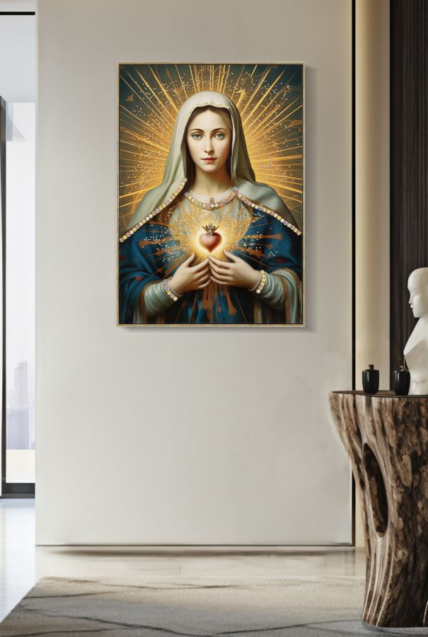 Dipinto su tela laccato Madonna -B- con cornice 72x4x102 esposto in soggiorno moderno, decorazione da parete sacra e luminosa.