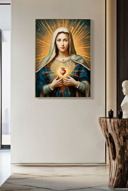 Dipinto su tela laccato Madonna -B- con cornice 72x4x102 esposto in soggiorno moderno, decorazione da parete sacra e luminosa.