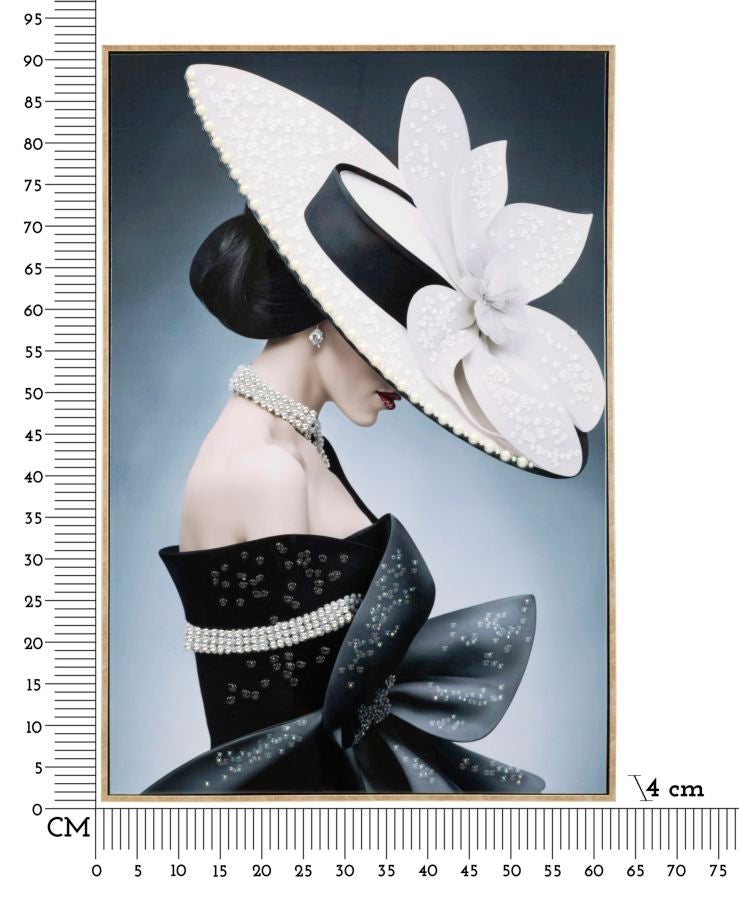 Misure del dipinto su tela laccato Marty con cornice 62x4x92 cm, decorazione da parete elegante con soggetto femminile stilizzato.