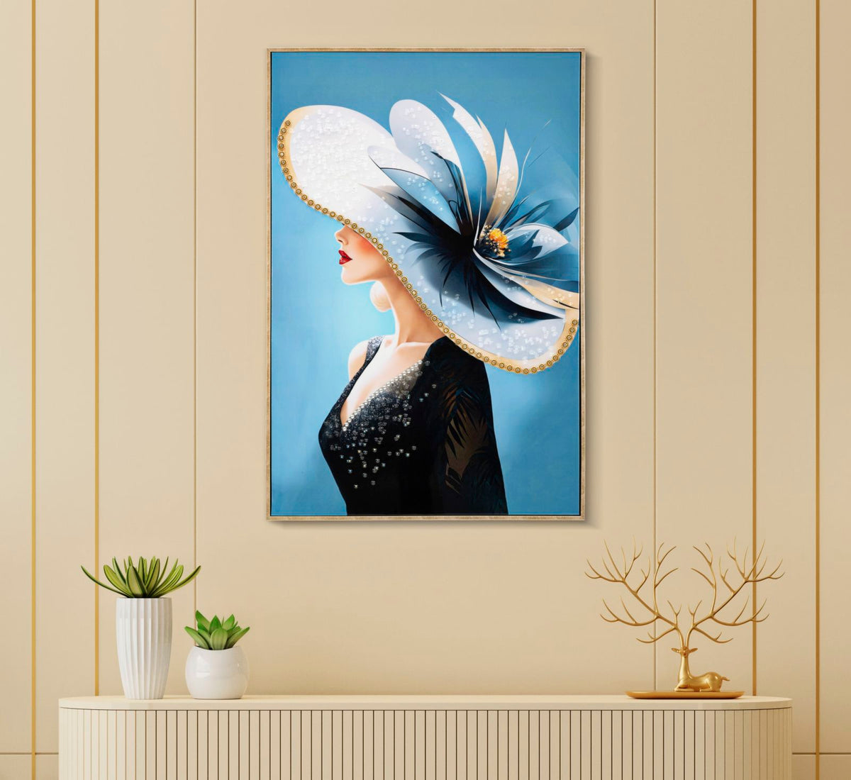 Dipinto su tela laccato Dori C/Cornice -B- Eleganza 62x4x92 cm esposto su parete moderna, perfetto per decorazioni da parete raffinate.