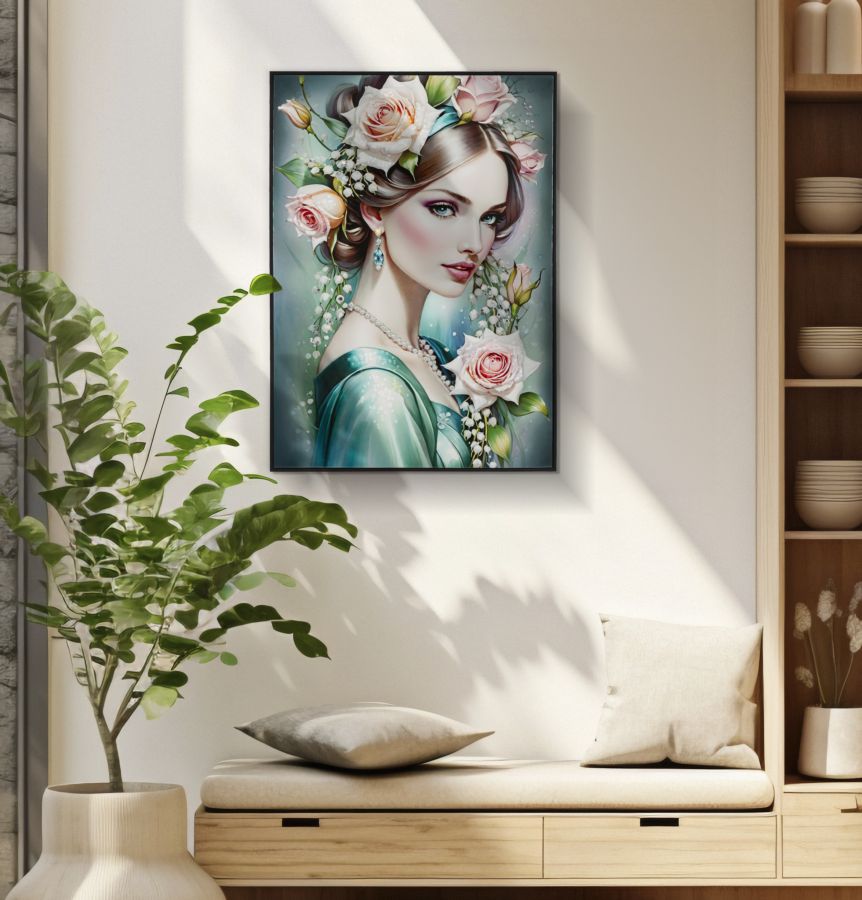 Dipinto su tela laccato Fantasy 72x4x102 cm esposto in soggiorno moderno, ideale per decorazioni da parete eleganti e raffinate.