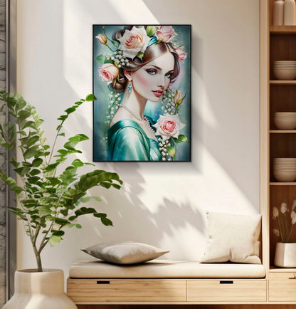 Dipinto su tela laccato Fantasy 72x4x102 cm esposto in soggiorno moderno, ideale per decorazioni da parete eleganti e raffinate.