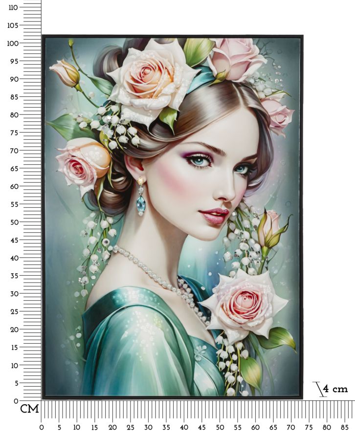 Misure del dipinto su tela laccato Fantasy con cornice A 72x4x102 cm, raffigurante donna floreale in stile artistico per arredamento pareti.