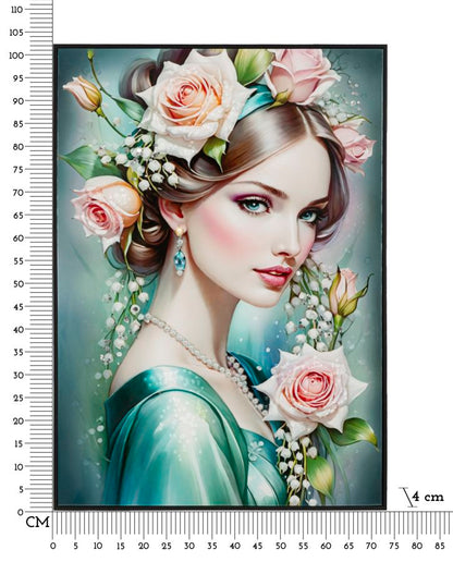 Misure del dipinto su tela laccato Fantasy con cornice A 72x4x102 cm, raffigurante donna floreale in stile artistico per arredamento pareti.