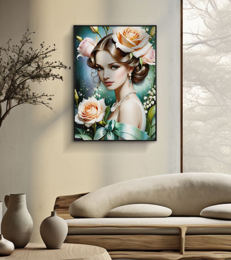 Il dipinto su tela laccato Fantasy 72x4x102 cm esposto in salotto moderno, ideale per decorazioni da parete dallo stile raffinato e artistico.