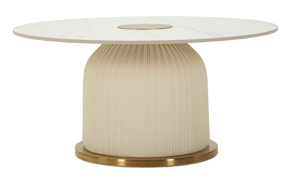 Tavolino Caffè Nova Ø 80x39,5 con top effetto marmo e base plissettata color crema su base dorata, stile moderno ed elegante per salotto.