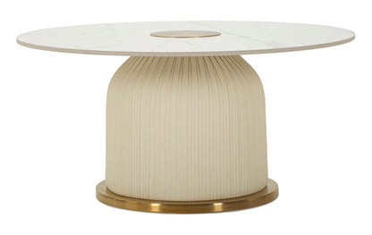 Tavolino Caffè Nova Ø 80x39,5 con top effetto marmo e base plissettata color crema su base dorata, stile moderno ed elegante per salotto.