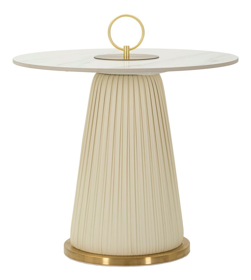 Tavolinetto Nova design moderno Ø60x54 cm con top effetto marmo, base plissettata color crema e dettagli dorati. Ideale per salotti eleganti.