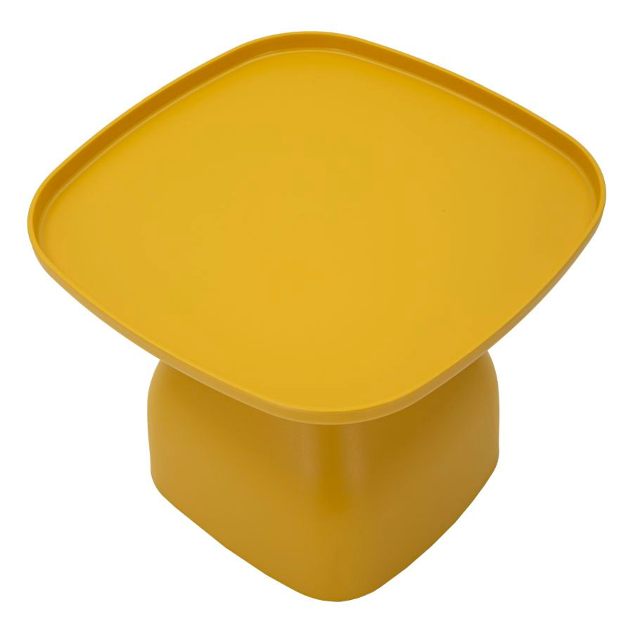 Vista dall’alto del Tavolinetto Gea Giallo 48x48x38 cm, con piano squadrato e bordi rialzati per maggiore funzionalità.