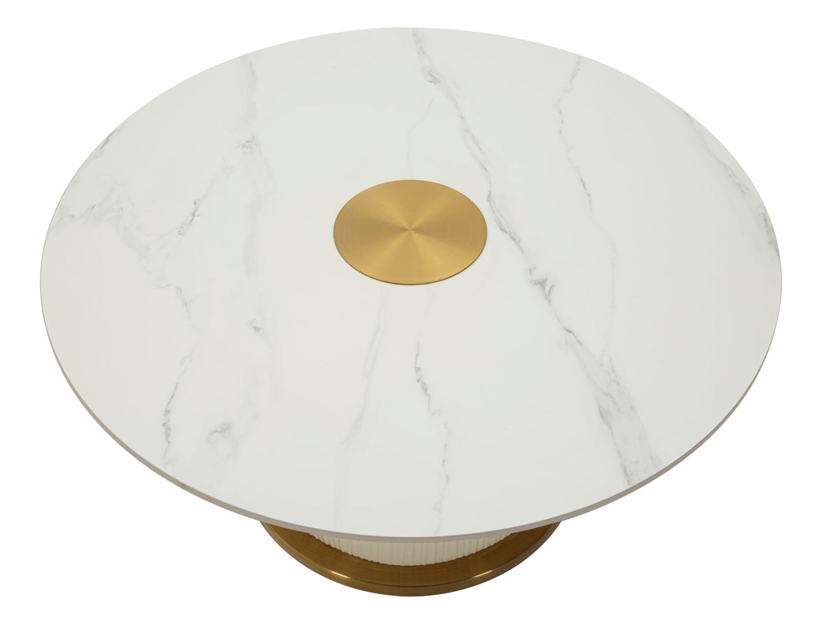 Vista dall'alto del Tavolino Nova Ø 80x39,5 con piano rotondo effetto marmo bianco e dettaglio centrale dorato, design moderno per soggiorno.