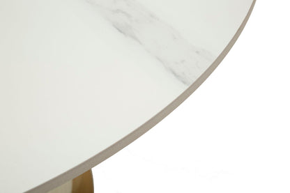 Particolare del piano effetto marmo del Tavolino Nova Ø 80x39,5, con bordo sottile e finitura liscia, ideale per arredamento contemporaneo.