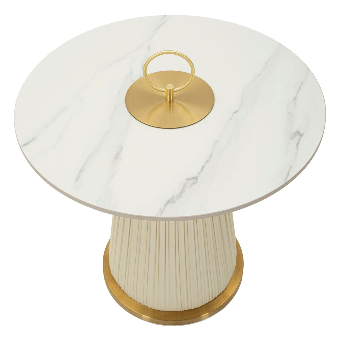 Vista dall’alto del Tavolinetto Nova con top effetto marmo bianco e maniglia dorata centrale. Design moderno per ambienti contemporanei.