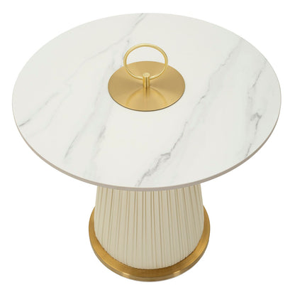 Vista dall’alto del Tavolinetto Nova con top effetto marmo bianco e maniglia dorata centrale. Design moderno per ambienti contemporanei.