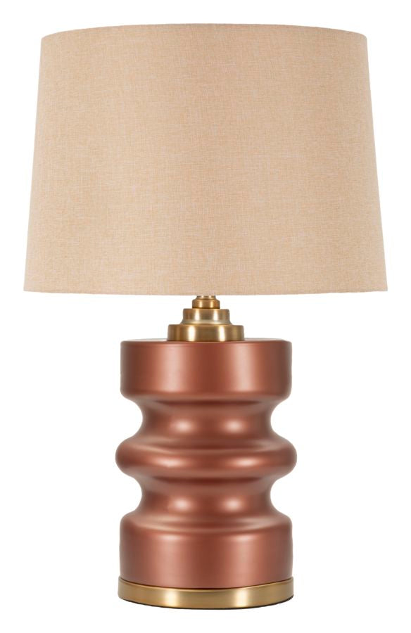 Lampada da tavolo Rosenthal con base ondulata color rame e dettagli dorati, paralume beige elegante. Design unico per soggiorno moderno.