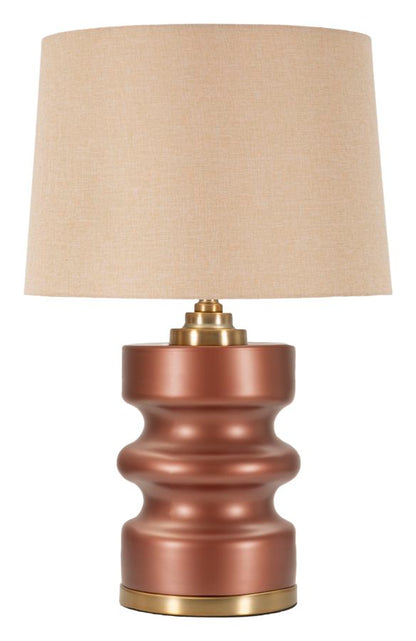 Lampada da tavolo Rosenthal con base ondulata color rame e dettagli dorati, paralume beige elegante. Design unico per soggiorno moderno.