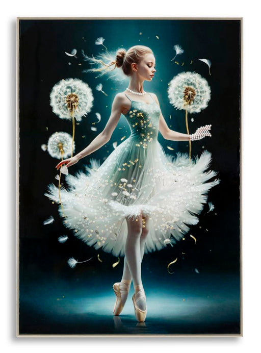 Dipinto su tela laccato Dancing con cornice A 72x4x102 cm, ballerina eterea con soffioni e dettagli perlati, decorazione da parete elegante.