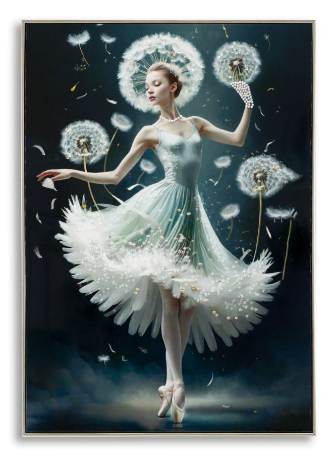 Dipinto su tela laccato Dancing C/Cornice -B- 72x4x102 con ballerina in abito turchese tra soffioni, decorazione da parete elegante e raffinata.