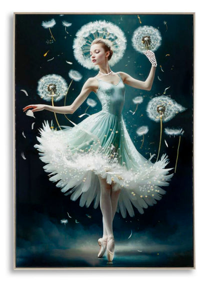 Dipinto su tela laccato Dancing C/Cornice -B- 72x4x102 con ballerina in abito turchese tra soffioni, decorazione da parete elegante e raffinata.