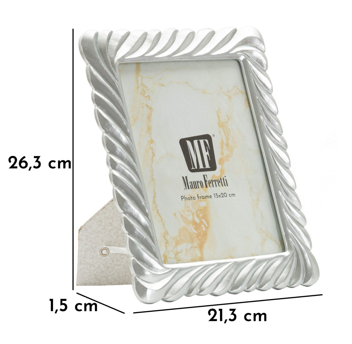 Cornice Carvy Cm 21,3X1,5X26,3 con dimensioni evidenziate e supporto posteriore, ideale per foto 15x20 cm in ambienti domestici o professionali.