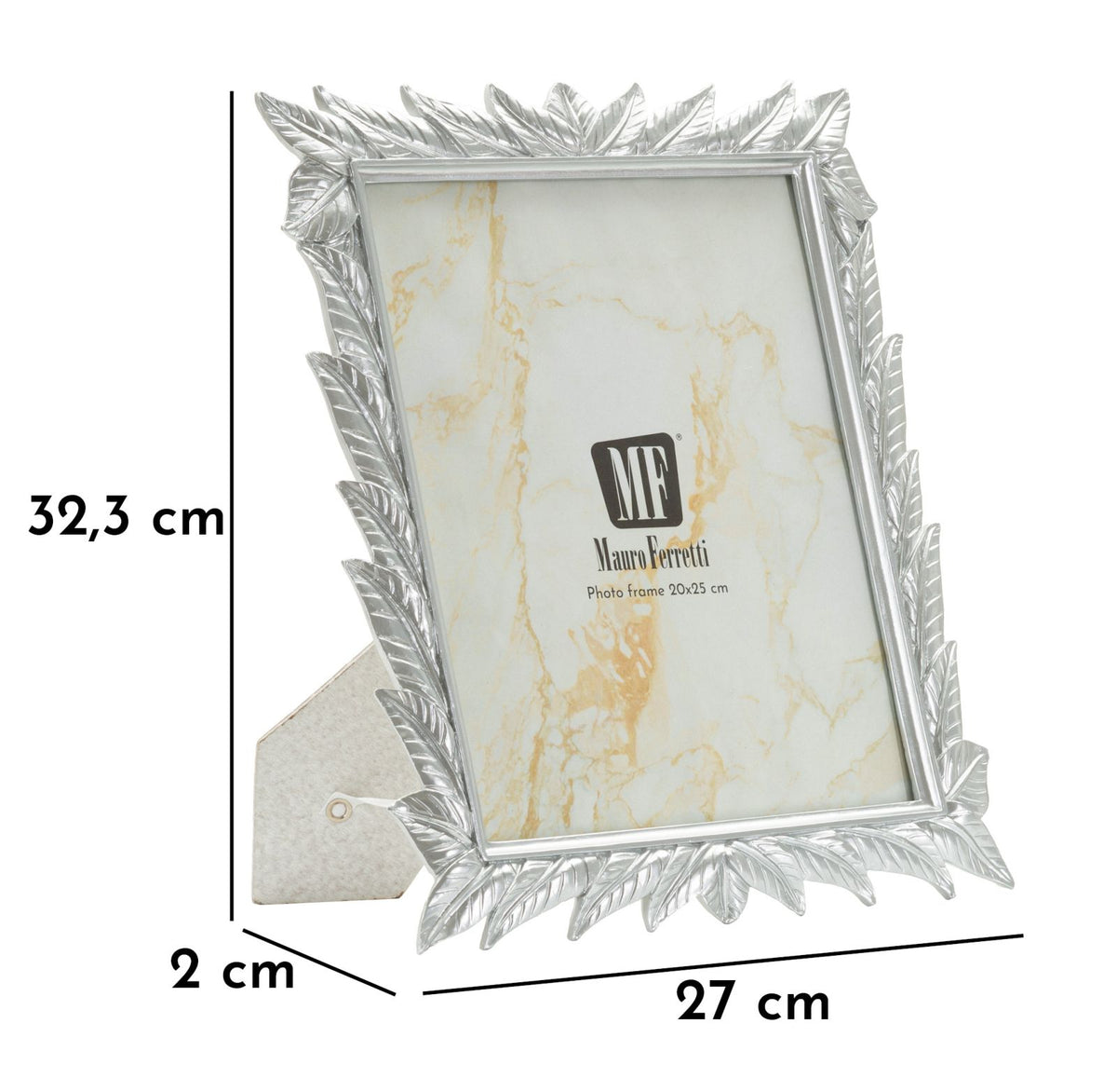 Cornice Leavy Silver con misure 27X2X32,3 cm e interno 20X25 cm, bordo foglia argentato, ideale per foto verticali in ambienti eleganti.