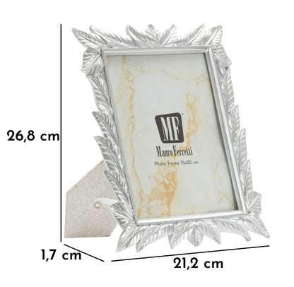Cornice Leavy Silver 21,2x1,7x26,8 cm con misure evidenziate, struttura decorativa a foglie per foto 15x20 cm Mauro Ferretti.