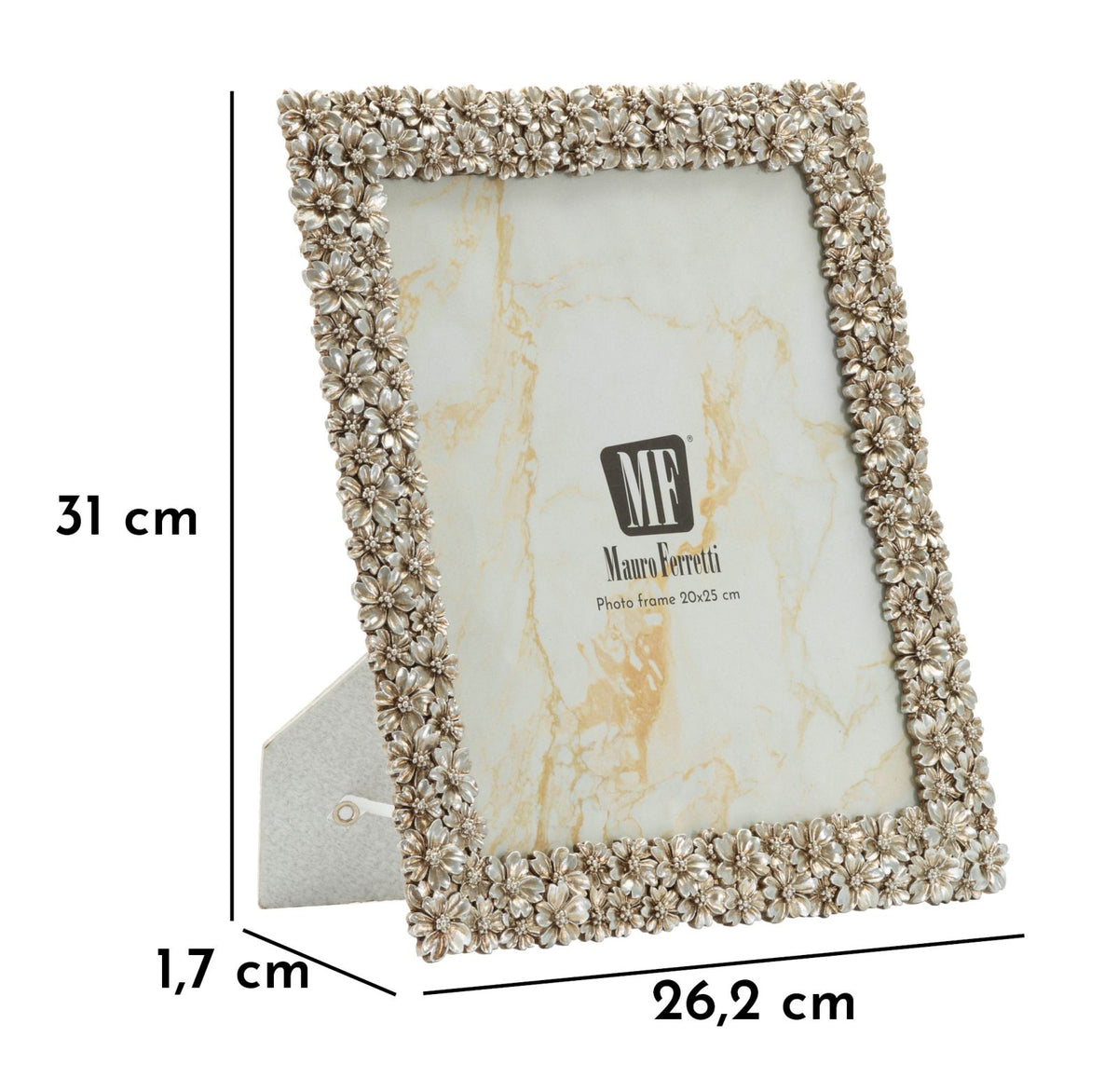 Cornice Flowy Cm 26,2X1,7X31 con misure evidenziate e decoro floreale, perfetta per foto 20x25 cm e ambienti eleganti.