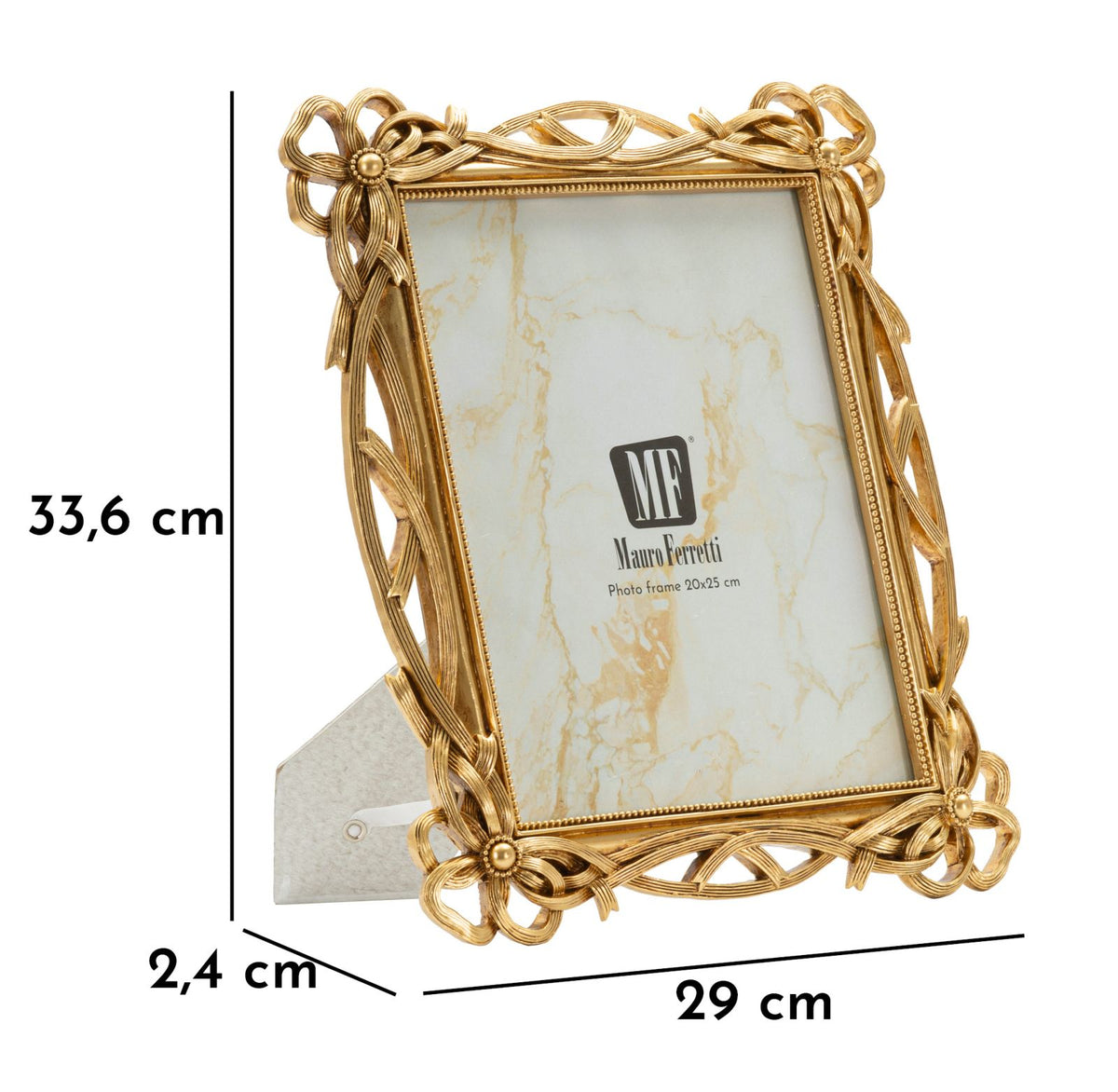 Cornice Knot elegante con misure 29x2,4x33,6 cm e interno 20x25 cm, struttura dorata con supporto da tavolo e design intrecciato.