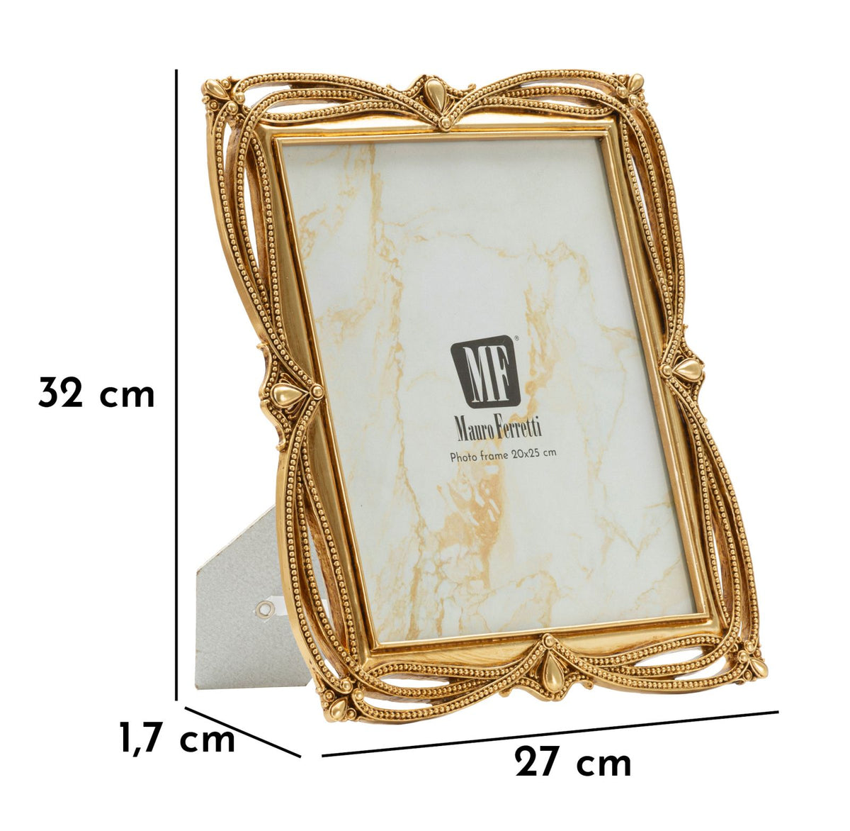 Cornice Line cm 27x1,7x32 con misura interna 20x25 cm, mostrata con dimensioni, ideale per foto verticali in stile classico.