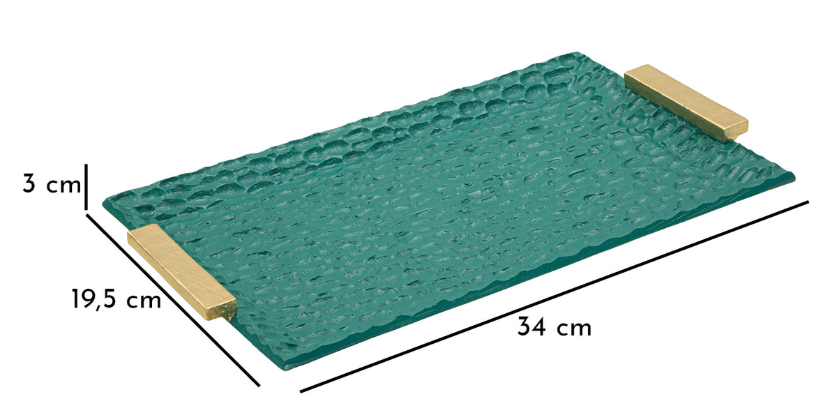 Vassoio Grent con misure 34x19,5x3 cm, struttura verde martellata e manici dorati, ideale come svuotatasche decorativo.