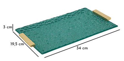 Vassoio Grent con misure 34x19,5x3 cm, struttura verde martellata e manici dorati, ideale come svuotatasche decorativo.
