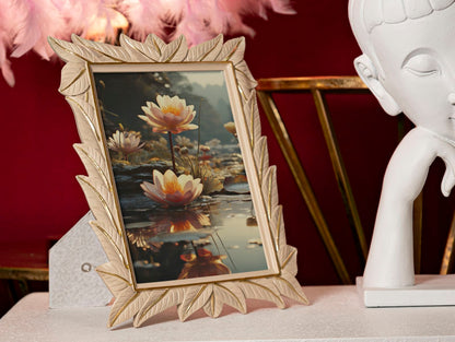 Cornice Leaffy 21,2X1,7X26,8 con foto floreale su mobile decorativo, design elegante con foglie dorate per ambienti sofisticati.