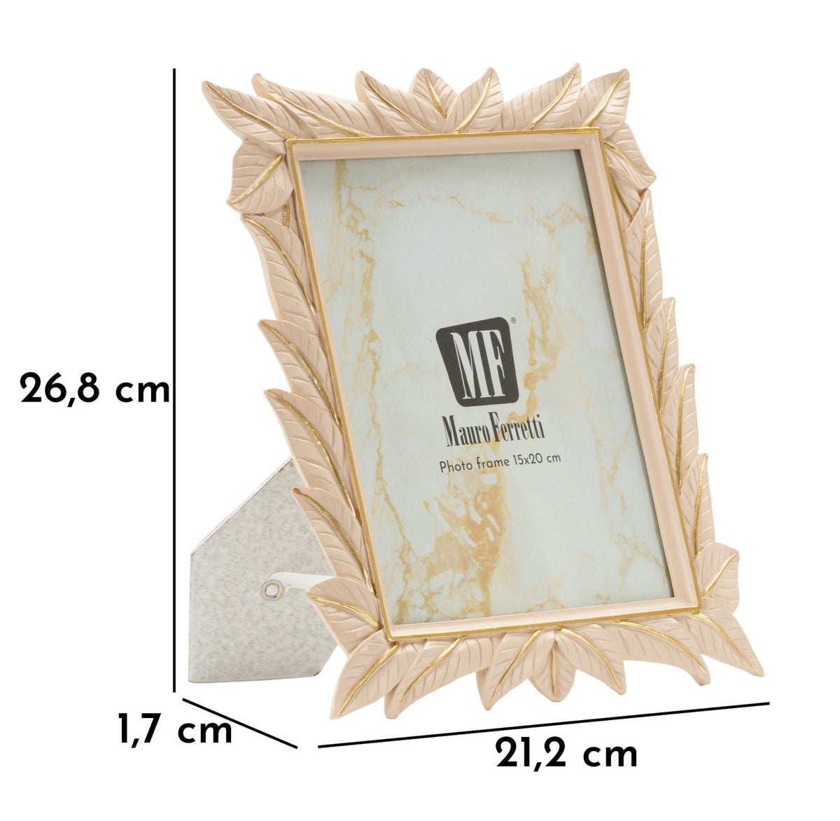 Cornice Leaffy elegante con misure 21,2X1,7X26,8 cm e interno 15x20, struttura con foglie beige e oro, ideale per foto verticali.