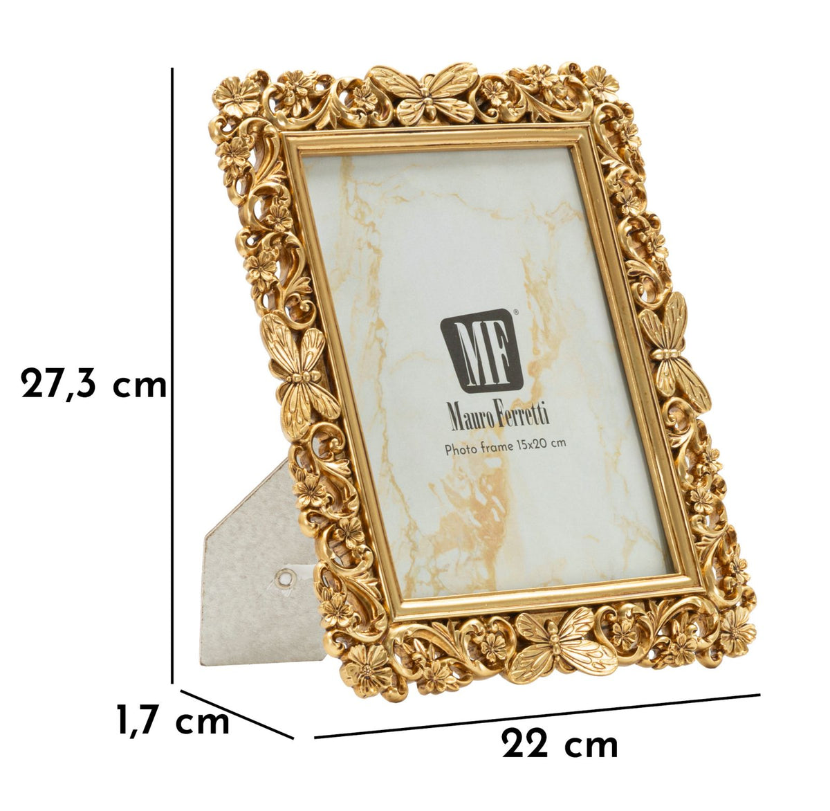 Cornice barocca Mauro Ferretti 22x27 cm con misure evidenziate, ideale per foto 15x20 cm e decorazioni d'interni classiche.