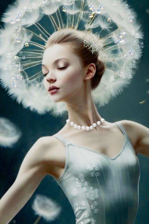 Dettaglio del volto della ballerina nel dipinto su tela laccato Dancing C/Cornice -B- 72x4x102, con aureola di soffioni e collana di perle.