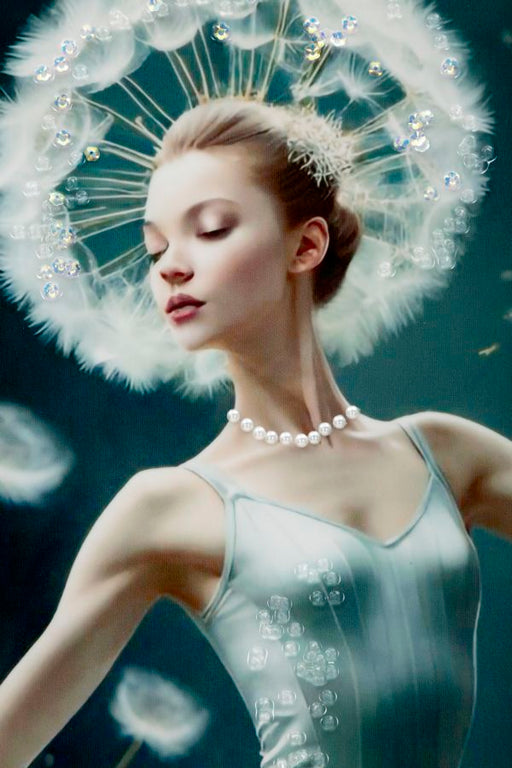 Dettaglio del volto della ballerina nel dipinto su tela laccato Dancing C/Cornice -B- 72x4x102, con aureola di soffioni e collana di perle.