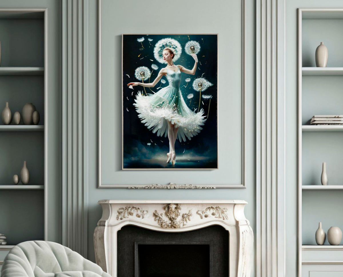 Dipinto su tela laccato Dancing C/Cornice -B- 72x4x102 esposto sopra camino in salotto classico, decorazione da parete d'effetto.