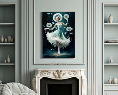 Dipinto su tela laccato Dancing C/Cornice -B- 72x4x102 esposto sopra camino in salotto classico, decorazione da parete d'effetto.