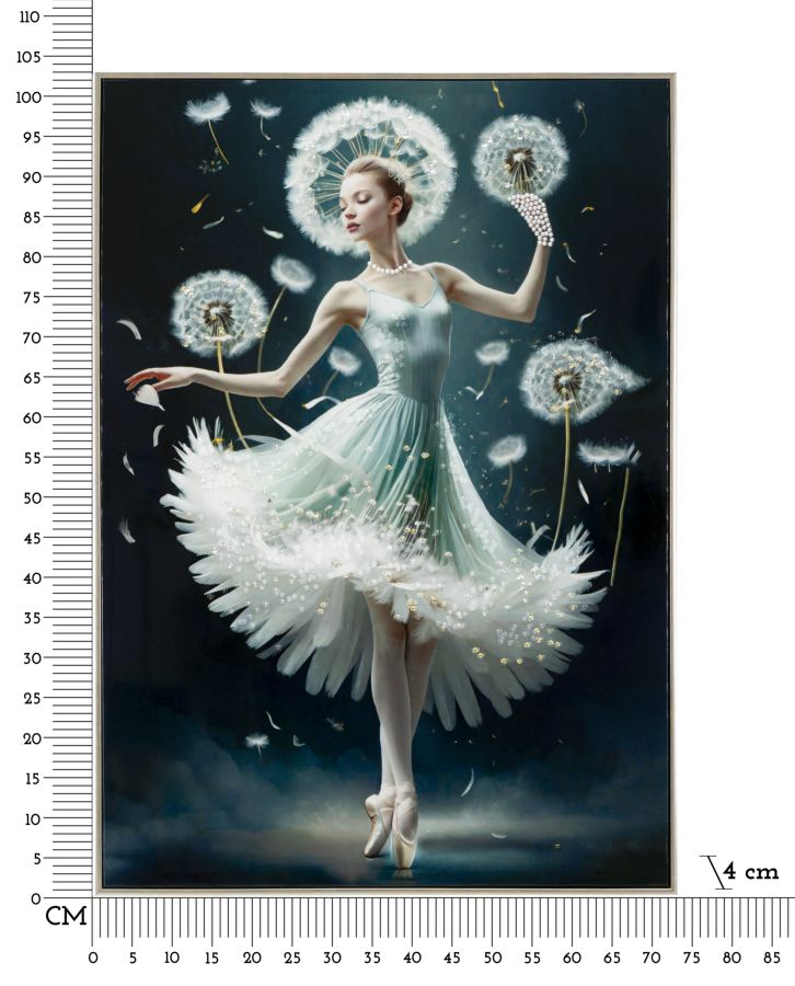 Misure del dipinto su tela laccato Dancing C/Cornice -B- 72x4x102 con ballerina e soffioni, ideale per decorazioni da parete artistiche.