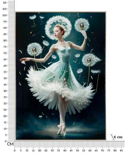 Misure del dipinto su tela laccato Dancing C/Cornice -B- 72x4x102 con ballerina e soffioni, ideale per decorazioni da parete artistiche.
