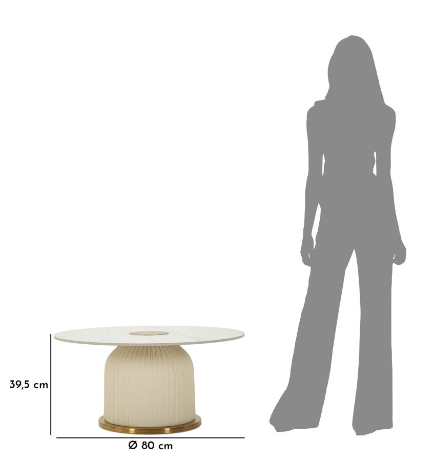 Dimensioni del Tavolino Caffè Nova Ø 80x39,5 con confronto silhouette, ideale per spazi living moderni e raffinati.