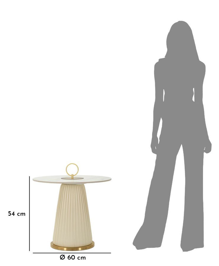 Dimensioni del Tavolinetto Nova: altezza 54 cm, diametro 60 cm. Design moderno con top effetto marmo e base elegante.