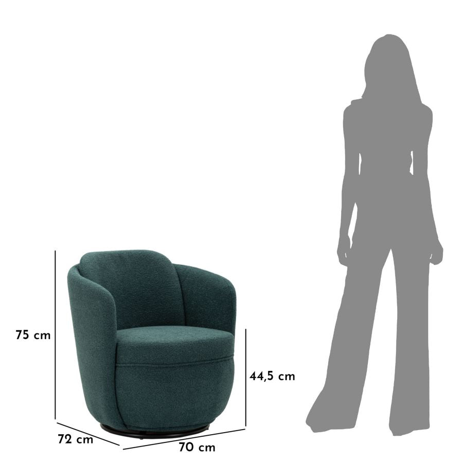 Dimensioni della Poltrona Torino Ottanio: 70x72x75 cm con altezza seduta 44,5 cm, ideale per spazi compatti.